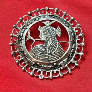 Vintage Silver Egyptian Revival Pin Brooch Pendant Filigree Nefertiti 2” 9g